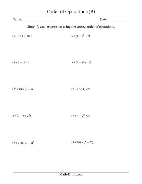 The Order of Operations with Whole Numbers (Four Steps) (B) Math Worksheet