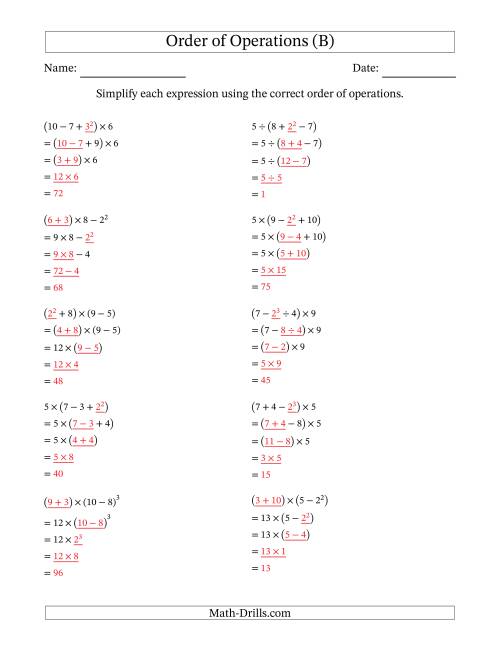 The Order of Operations with Whole Numbers (Four Steps) (B) Math Worksheet Page 2