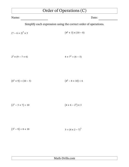 The Order of Operations with Whole Numbers (Four Steps) (C) Math Worksheet