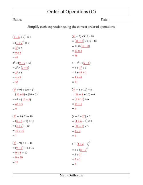 The Order of Operations with Whole Numbers (Four Steps) (C) Math Worksheet Page 2