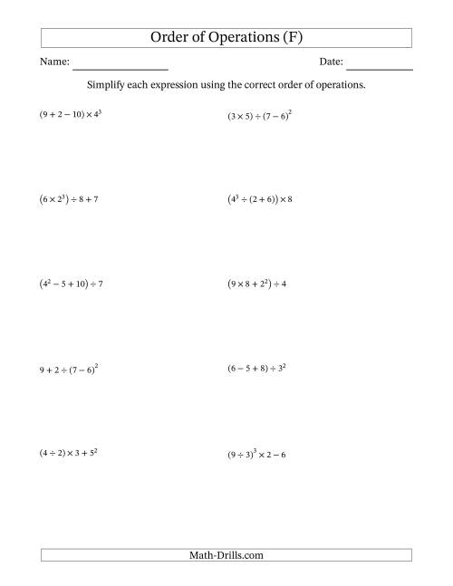 The Order of Operations with Whole Numbers (Four Steps) (F) Math Worksheet
