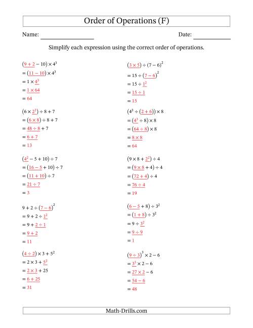 The Order of Operations with Whole Numbers (Four Steps) (F) Math Worksheet Page 2