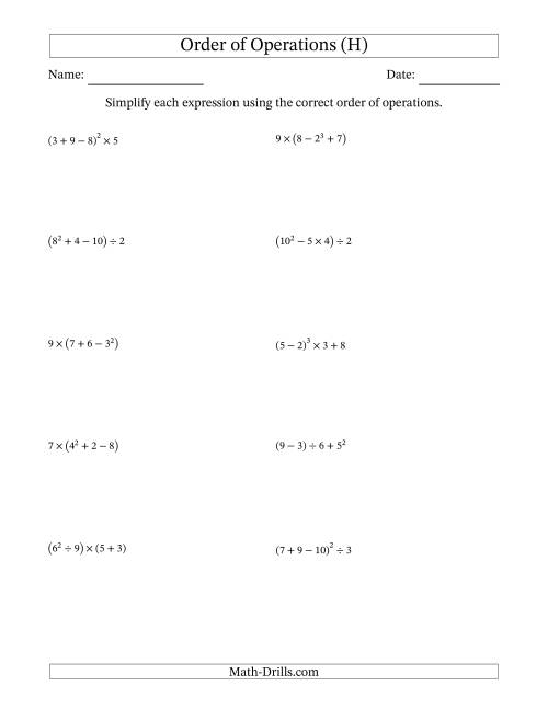 The Order of Operations with Whole Numbers (Four Steps) (H) Math Worksheet