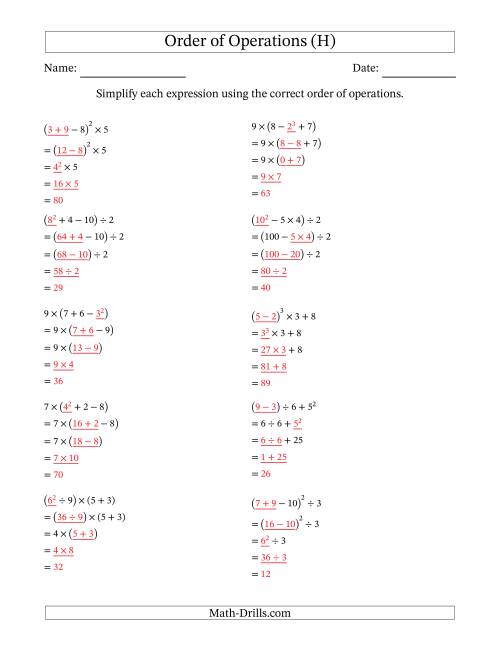 The Order of Operations with Whole Numbers (Four Steps) (H) Math Worksheet Page 2