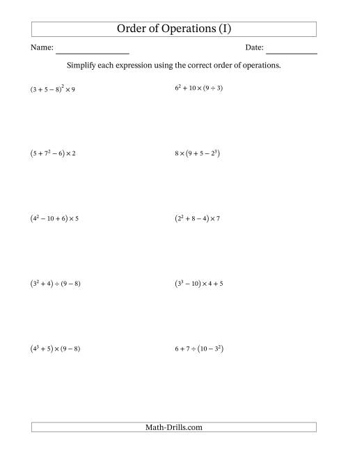 The Order of Operations with Whole Numbers (Four Steps) (I) Math Worksheet