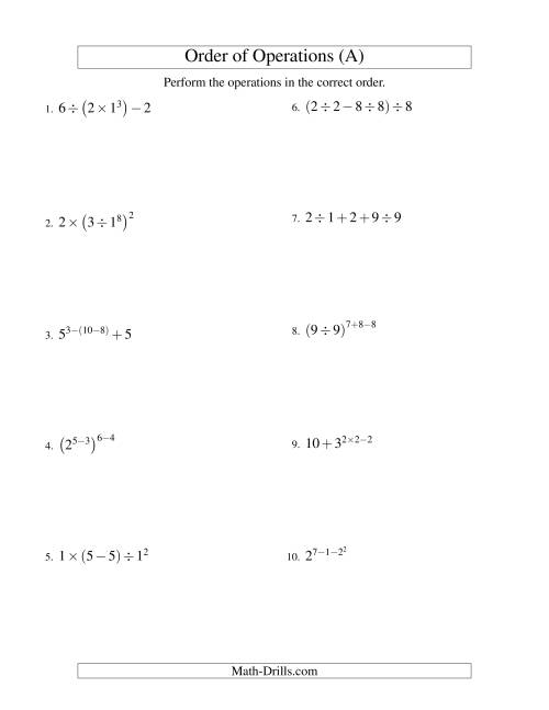 The Integers Order of Operations -- Four Steps (Old) Math Worksheet
