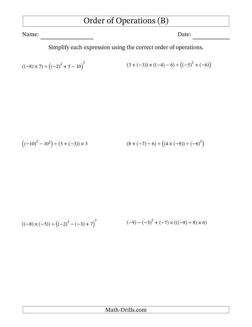 The Order of Operations with Negative and Positive Integers (Six Steps) (B) Math Worksheet