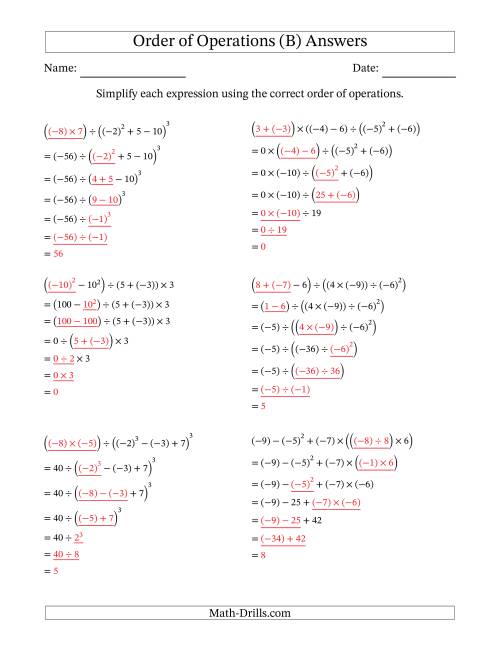 The Order of Operations with Negative and Positive Integers (Six Steps) (B) Math Worksheet Page 2
