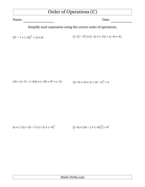 The Order of Operations with Negative and Positive Integers (Six Steps) (C) Math Worksheet