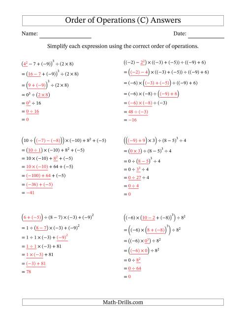 The Order of Operations with Negative and Positive Integers (Six Steps) (C) Math Worksheet Page 2