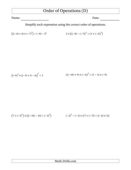 The Order of Operations with Negative and Positive Integers (Six Steps) (D) Math Worksheet