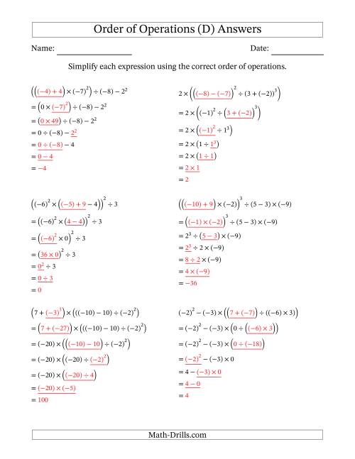The Order of Operations with Negative and Positive Integers (Six Steps) (D) Math Worksheet Page 2