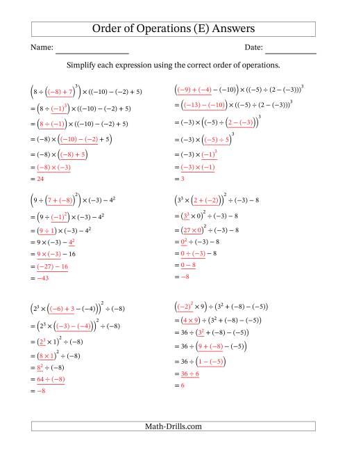 The Order of Operations with Negative and Positive Integers (Six Steps) (E) Math Worksheet Page 2