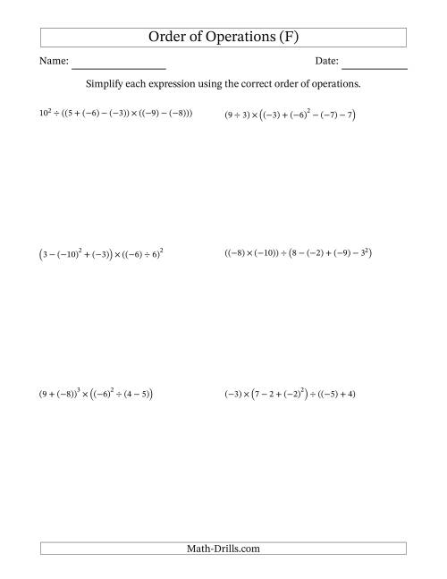 The Order of Operations with Negative and Positive Integers (Six Steps) (F) Math Worksheet