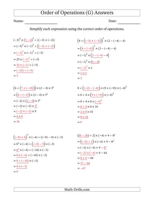 The Order of Operations with Negative and Positive Integers (Six Steps) (G) Math Worksheet Page 2