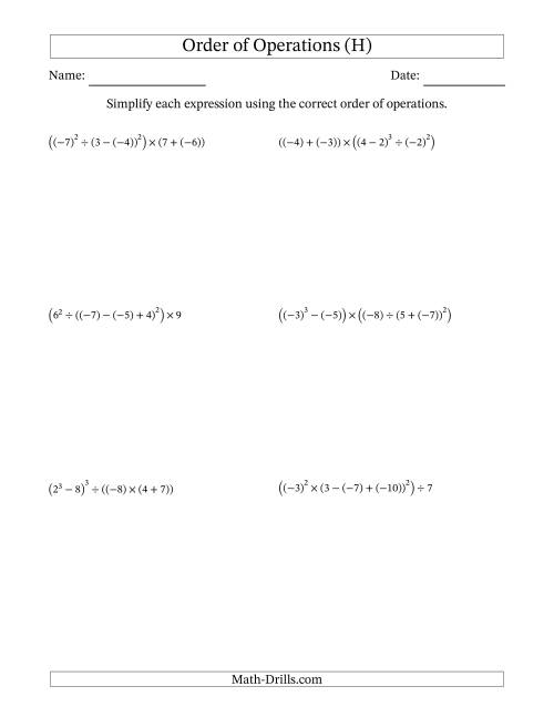 The Order of Operations with Negative and Positive Integers (Six Steps) (H) Math Worksheet