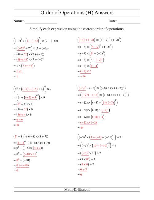 The Order of Operations with Negative and Positive Integers (Six Steps) (H) Math Worksheet Page 2