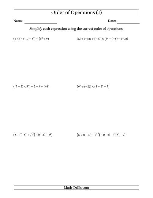 The Order of Operations with Negative and Positive Integers (Six Steps) (J) Math Worksheet