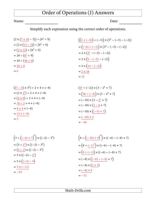 The Order of Operations with Negative and Positive Integers (Six Steps) (J) Math Worksheet Page 2