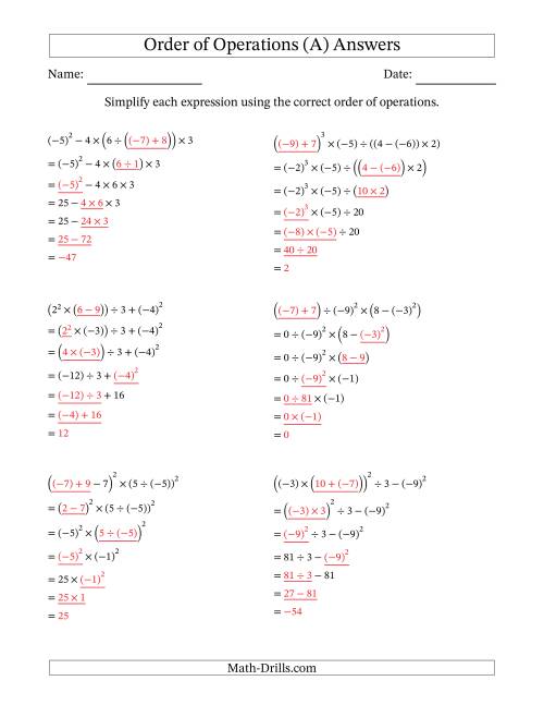 The Order of Operations with Negative and Positive Integers (Six Steps) (All) Math Worksheet Page 2
