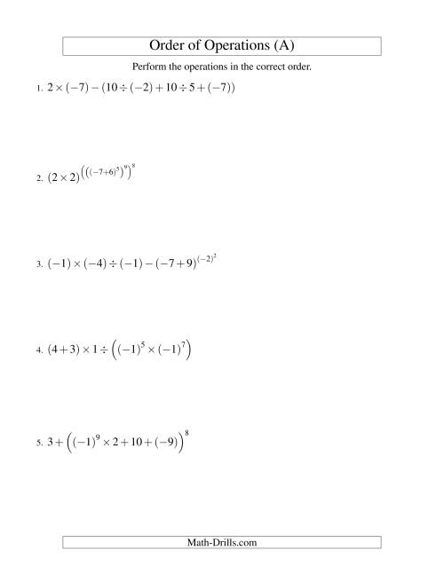 The Integers Order of Operations -- Six Steps Including Negative Integers (Old) Math Worksheet