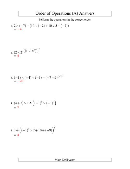 The Integers Order of Operations -- Six Steps Including Negative Integers (Old) Math Worksheet Page 2