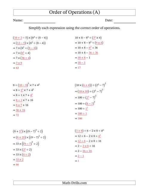 Order Of Operations With Whole Numbers Six Steps A 