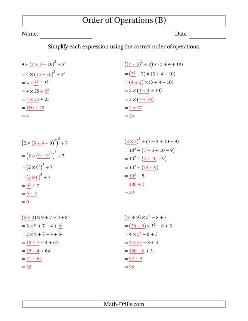 The Order of Operations with Whole Numbers (Six Steps) (B) Math Worksheet Page 2