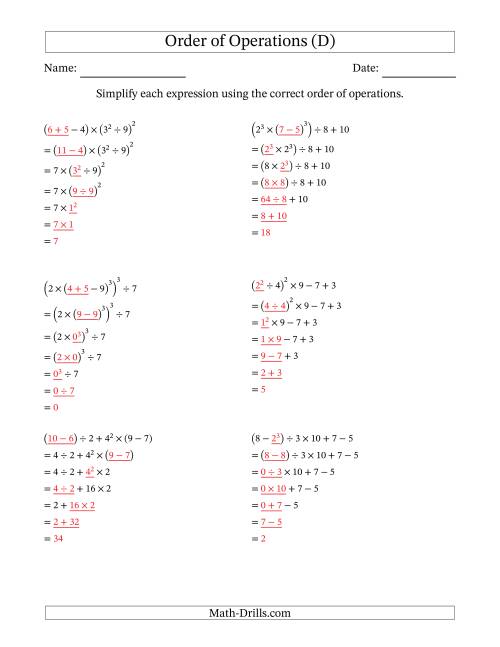 The Order of Operations with Whole Numbers (Six Steps) (D) Math Worksheet Page 2
