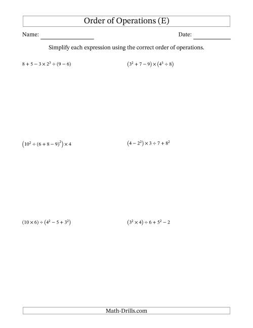 The Order of Operations with Whole Numbers (Six Steps) (E) Math Worksheet