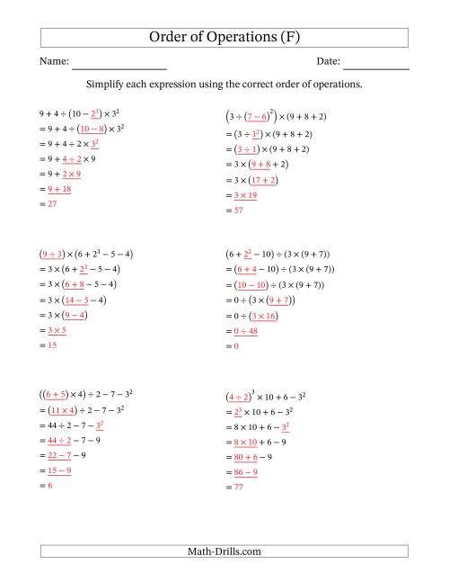 The Order of Operations with Whole Numbers (Six Steps) (F) Math Worksheet Page 2