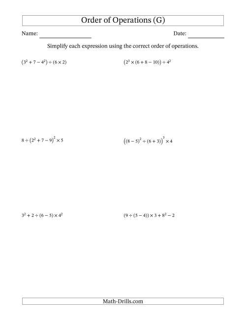 The Order of Operations with Whole Numbers (Six Steps) (G) Math Worksheet
