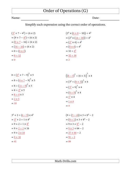 The Order of Operations with Whole Numbers (Six Steps) (G) Math Worksheet Page 2
