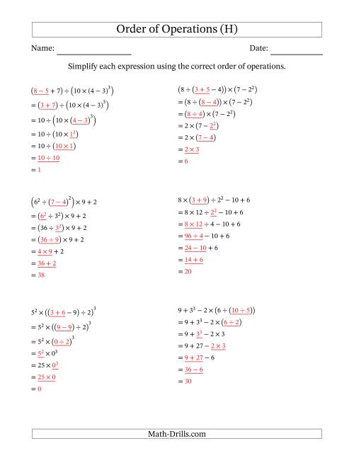 The Order of Operations with Whole Numbers (Six Steps) (H) Math Worksheet Page 2