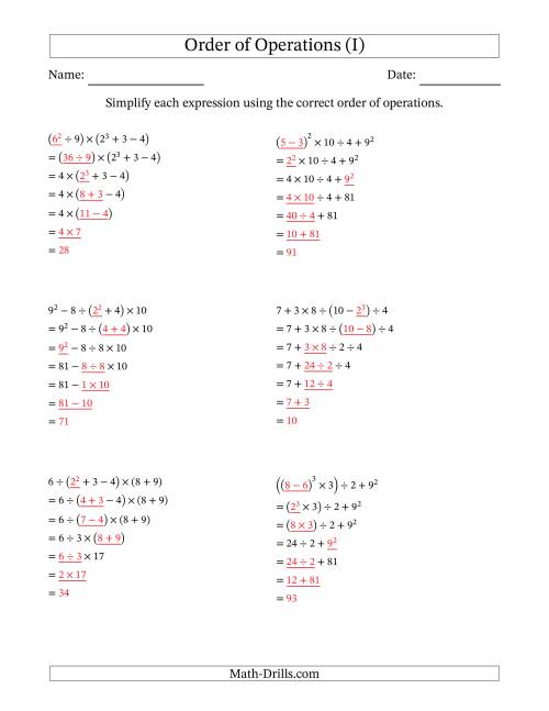 The Order of Operations with Whole Numbers (Six Steps) (I) Math Worksheet Page 2