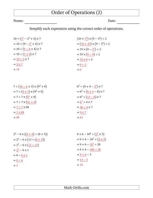 The Order of Operations with Whole Numbers (Six Steps) (J) Math Worksheet Page 2