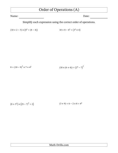 The Order of Operations with Whole Numbers (Six Steps) (All) Math Worksheet