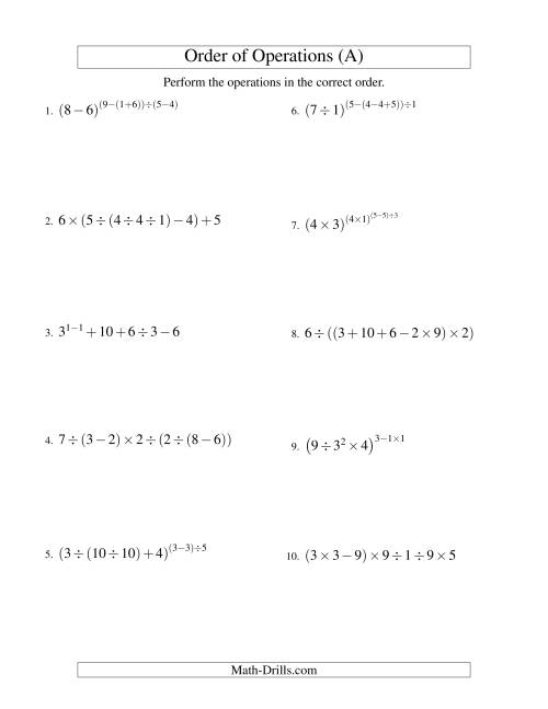 The Integers Order of Operations -- Six Steps (Old) Math Worksheet