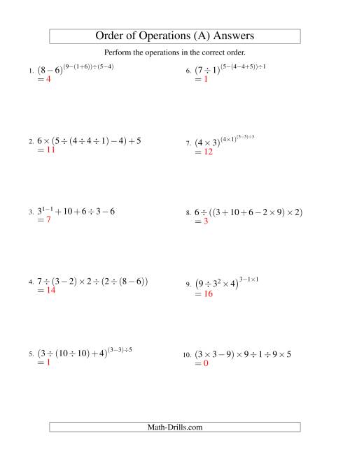 The Integers Order of Operations -- Six Steps (Old) Math Worksheet Page 2