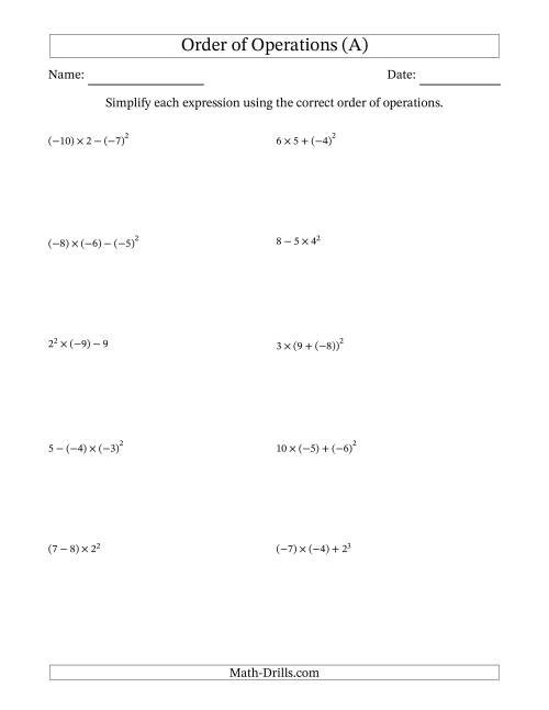 The Order of Operations with Negative and Positive Integers (Three Steps) (A) Math Worksheet