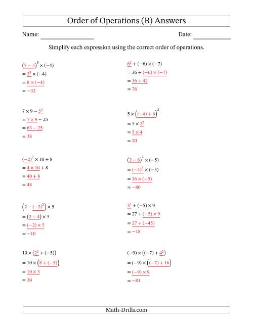 The Order of Operations with Negative and Positive Integers (Three Steps) (B) Math Worksheet Page 2