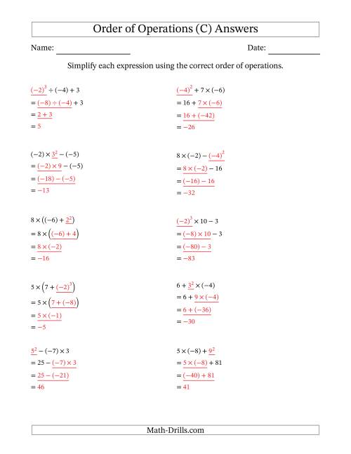 The Order of Operations with Negative and Positive Integers (Three Steps) (C) Math Worksheet Page 2