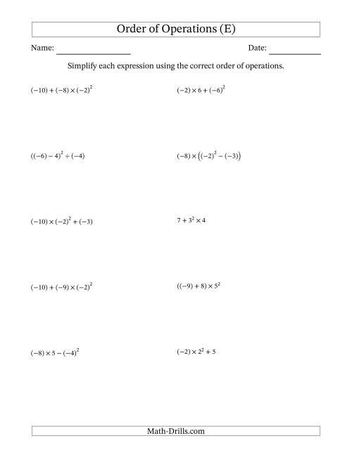 The Order of Operations with Negative and Positive Integers (Three Steps) (E) Math Worksheet
