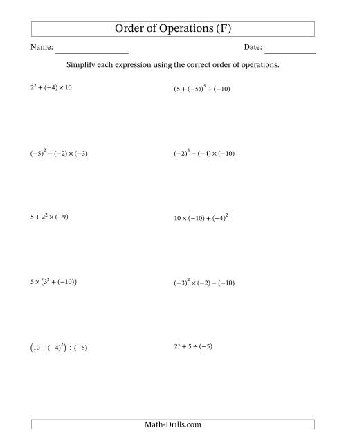 The Order of Operations with Negative and Positive Integers (Three Steps) (F) Math Worksheet