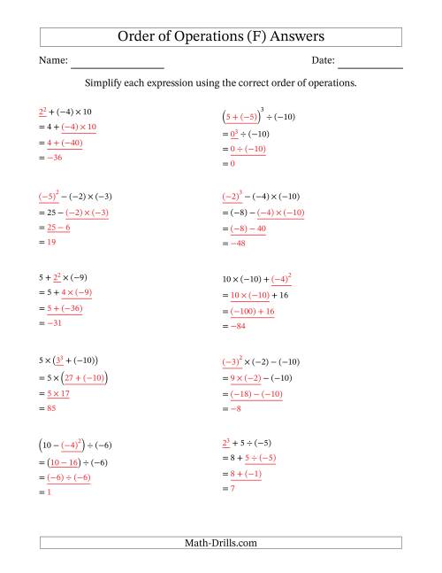 The Order of Operations with Negative and Positive Integers (Three Steps) (F) Math Worksheet Page 2