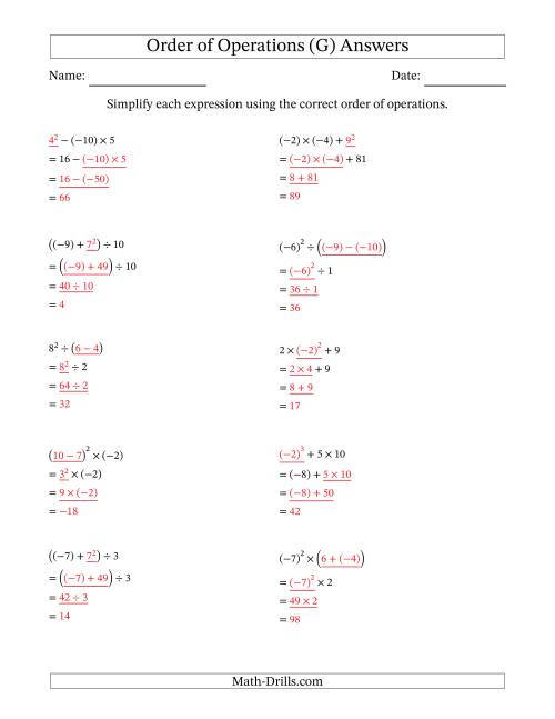 The Order of Operations with Negative and Positive Integers (Three Steps) (G) Math Worksheet Page 2