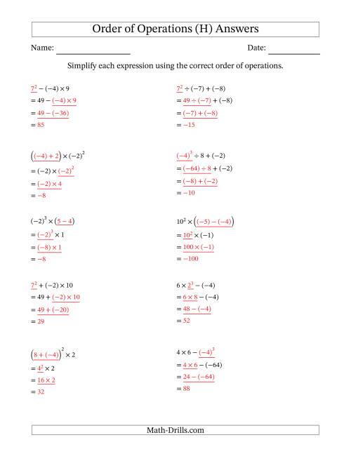 The Order of Operations with Negative and Positive Integers (Three Steps) (H) Math Worksheet Page 2
