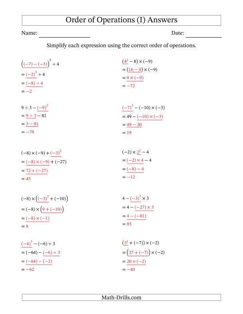The Order of Operations with Negative and Positive Integers (Three Steps) (I) Math Worksheet Page 2