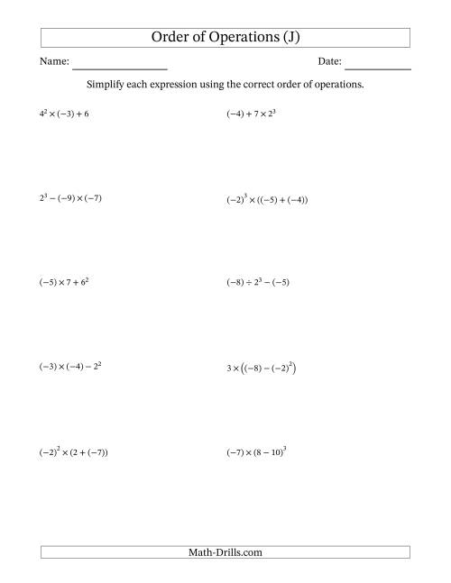 The Order of Operations with Negative and Positive Integers (Three Steps) (J) Math Worksheet