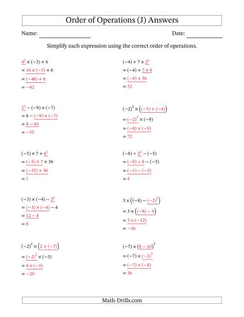 The Order of Operations with Negative and Positive Integers (Three Steps) (J) Math Worksheet Page 2